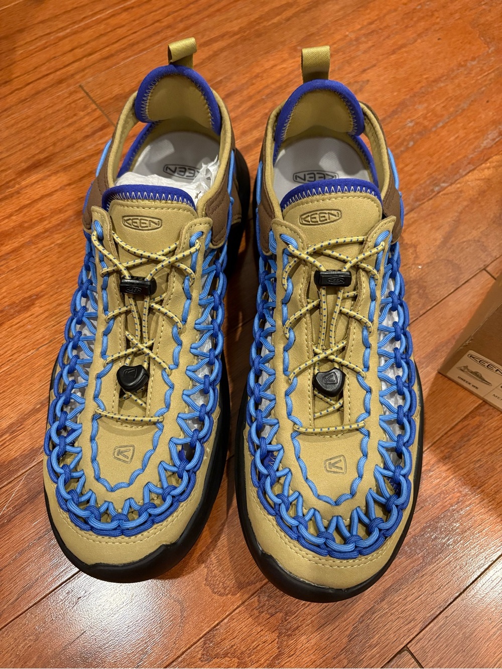 Keen Men's Sandals in Tan with Bright Blue Cord Accents
